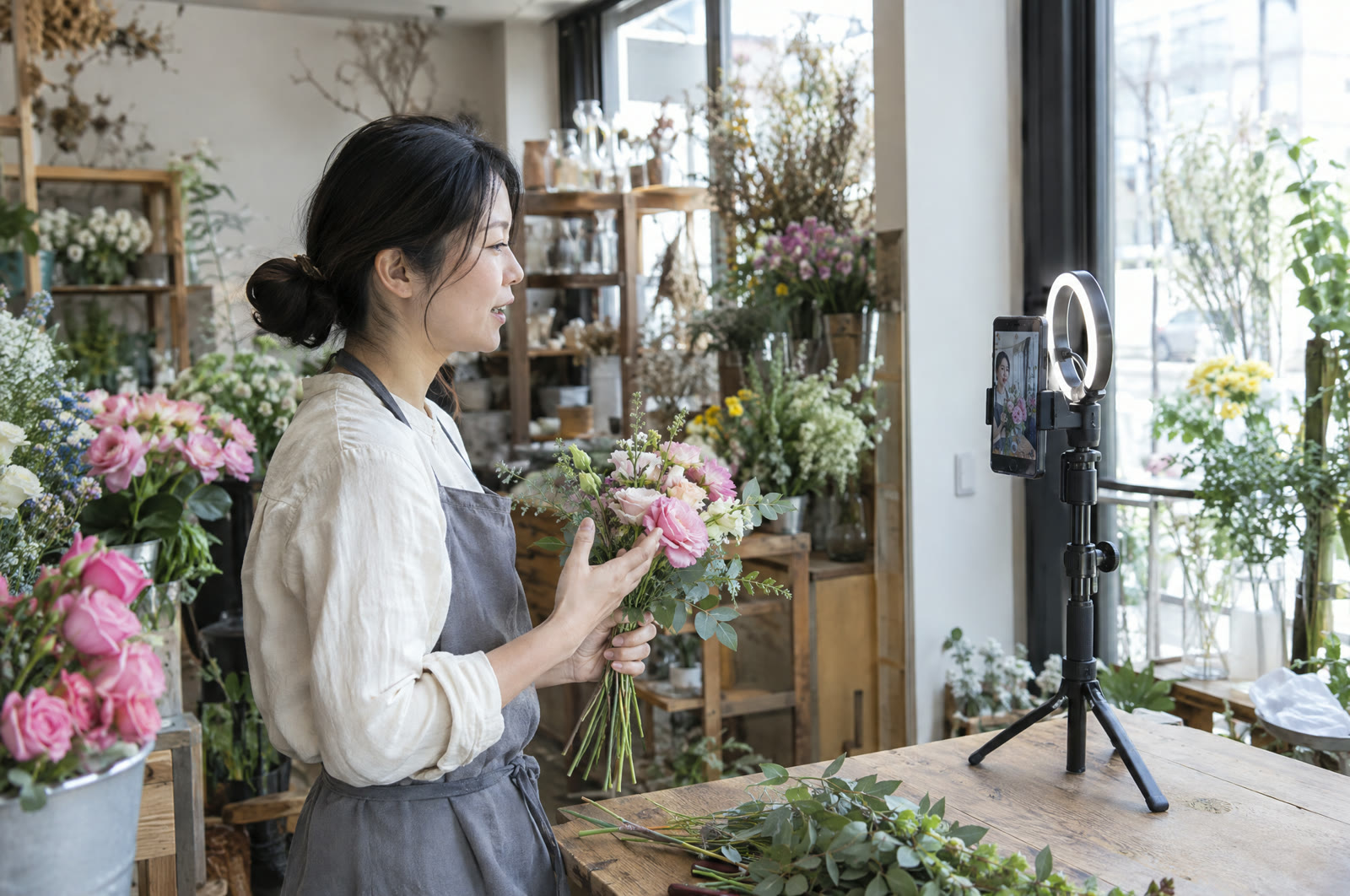 花屋の店主が店内でスマートフォンを使って自分の縦動画を撮影している